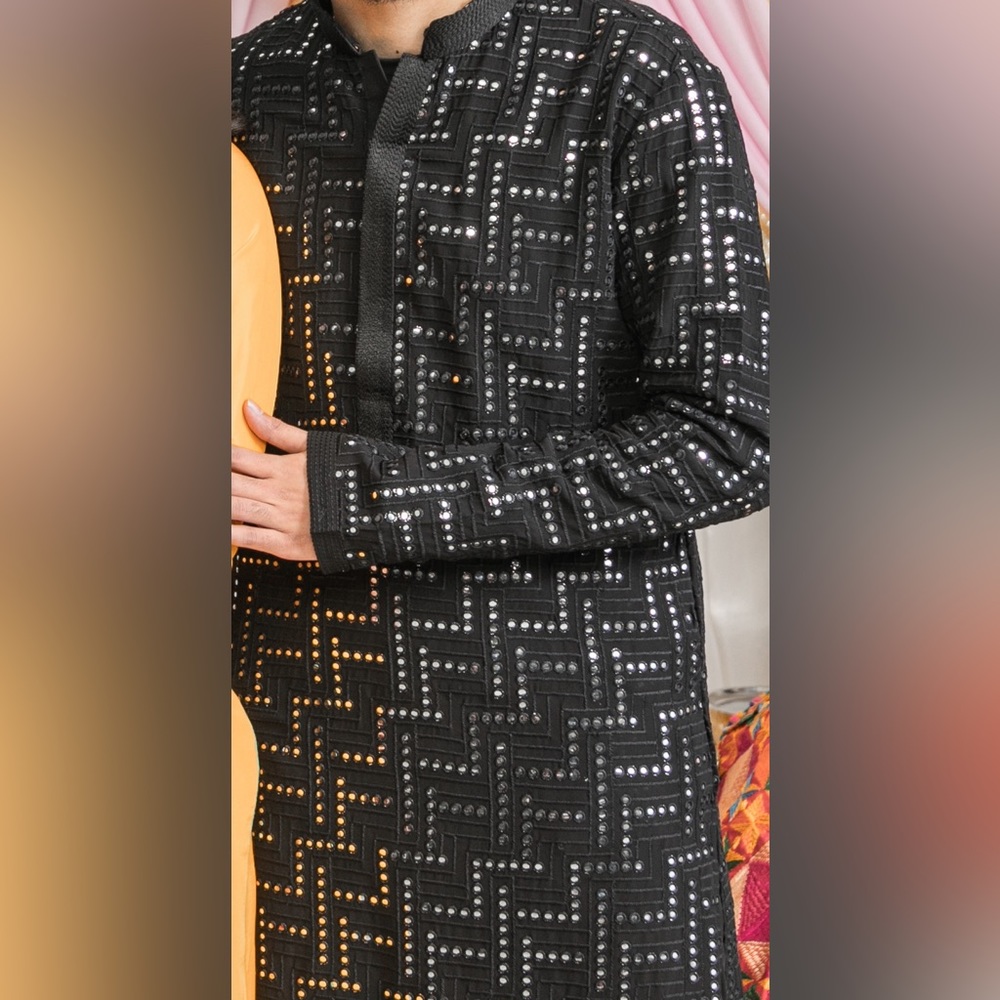 Black kurta with thread and mirror work and black pajami